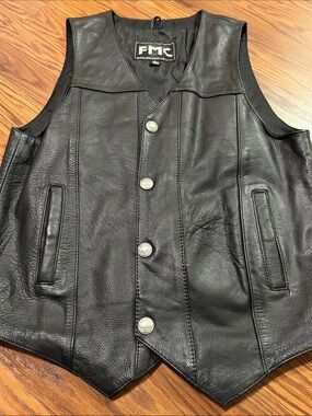 FMC Men's Black Leather Button Vest heavyweight Large